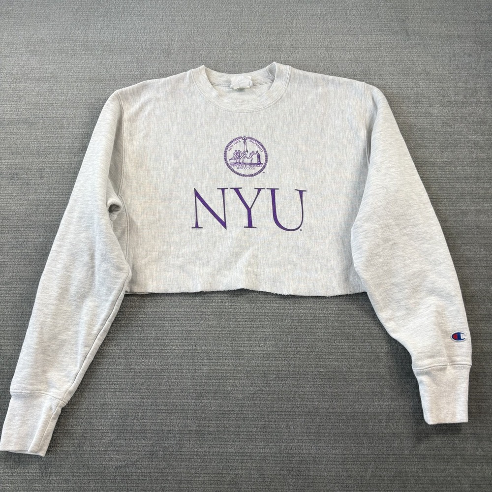 Champion NYU Cropped Sweater Womens M Gray Reverse Weave Casual